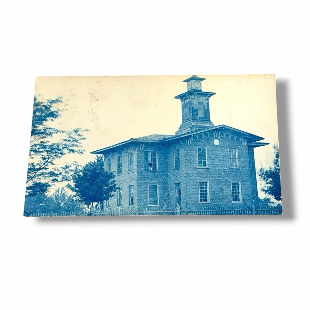 Postcard Unknown Old Building Clock Tower Man Looking Out Window Cyanotype I125